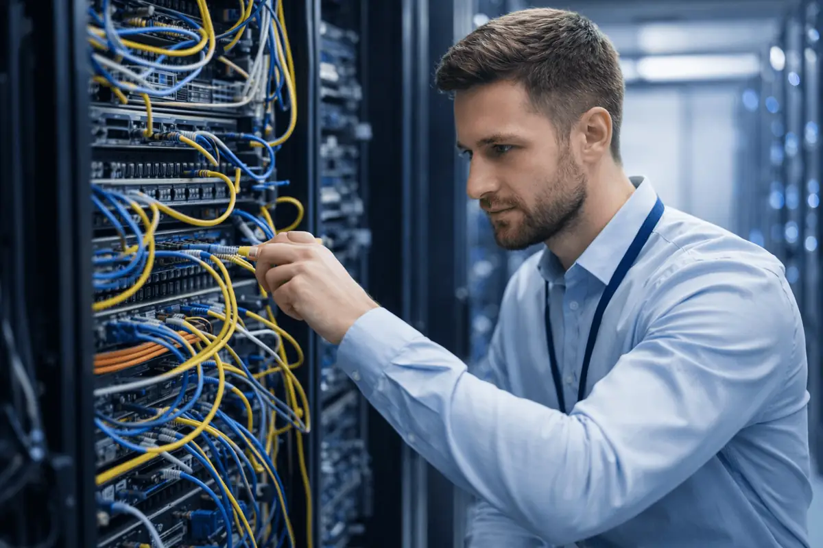 IT professional with fair skin troubleshooting network cables in a data center for CCST certification